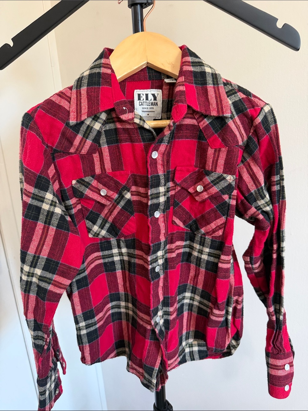 Ely Cattleman Red and Black Plaid Western Button-Up Shirt
